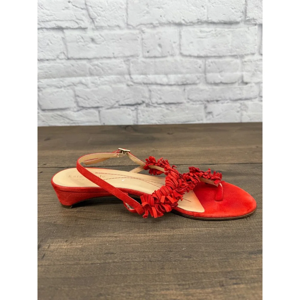 Kate Spade New York Coral Red Suede Fringe Kitten Heel Sandals Women's Size 8B